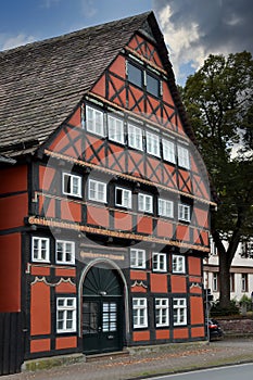 Facade of   a  red half timbered house in HÃ¶xter