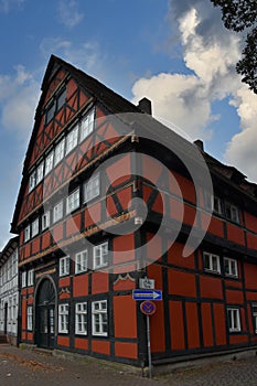 Facade of   a  red half timbered house in HÃ¶xter