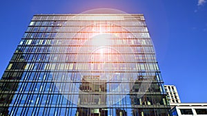 Facade with reflections in an urban landscape