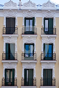 Facade of a residential building in Madrid, Spain in the Lavapies barrio