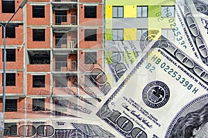 The facade of a residential high-rise house on a background of money .