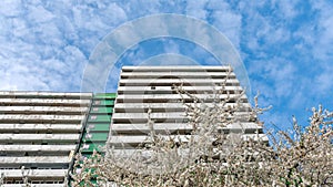 Facade with rows of white, concrete balconys and green structure of building. photo