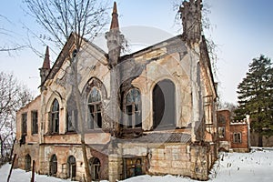 A facade of ruined Khvostov estate in Shatalovka village near Yelets town, Lipetsk region, Russia