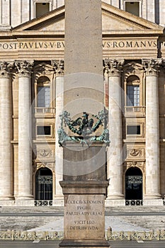Facade of Saint Peter`s Basilica Egyptian and obelisk at St.Peter`s square, Vatican, Rome, Italy