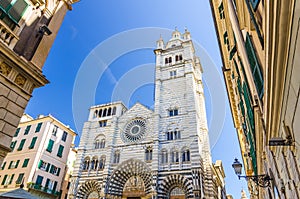 Facade of San Lorenzo Cathedral catholic church on Piazza San Lorenzo square