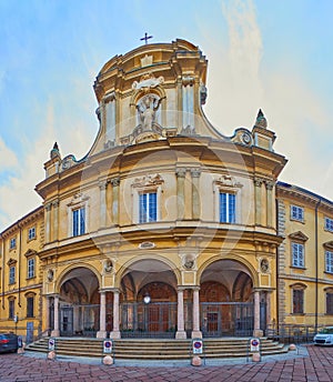 The facade of San Savino Church, Piacenza, Italy