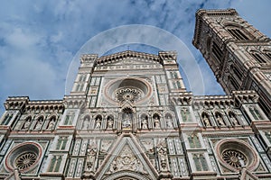 Facade of the Santa Maria del Fiore cathedral and Giotto\'s bell tower, Florence ITALY