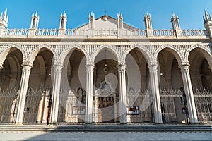 Facade of Santo Stefano Cathedral in Piazza Duomo in the historical center of Biella