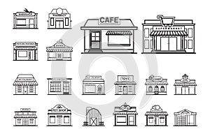 Facade Shop Store Front View Line Art Outline Style Icon Set