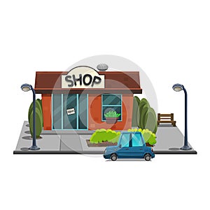 Facade shop in town with car and decoration on white background.