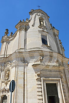 The facade with skeleton relief of Purgatory Church in Matera, Basilicata, Italy