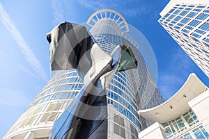 Facade of skyscrapers with blue sky in Frankfurt main, Germany