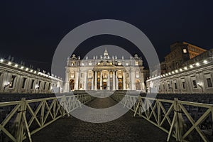 Facade of St. Peter`s Basilica at night, Vatican city