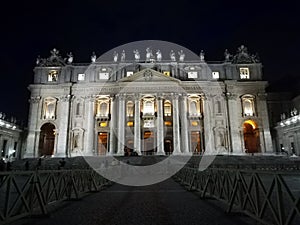 Facade of St. Peter`s Basilica at Vatican City night view