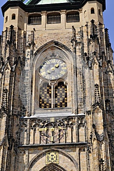 Facade of St. Vitus Cathedral Street, Prague, Czech Republic, the decorative elements of the facade, cut stone with signs of