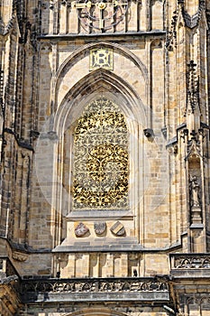 Facade of St. Vitus Cathedral Street, Prague, Czech Republic, the decorative elements of the facade, cut stone with signs of