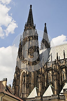 Facade of St. Vitus Cathedral Street, Prague, Czech Republic, the decorative elements of the facade, cut stone with signs of