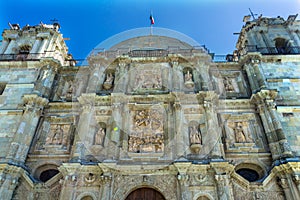 Facade Statues Towers Lady Assumption Cathedral Church Oaxaca Mexico