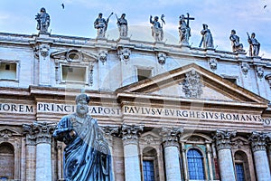 Facade Status Saint Peter`s Basilica Keys Statue Vatican Rome Italy