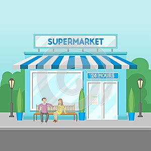 Facade of supermarket building, 24 hour, front view of city house cartoon vector Illustration