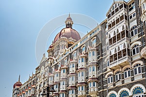 Facade of The Taj Mahal Palace hotel in Colaba district. Taj Mahal hotel famous building of touristic part in Mumbai