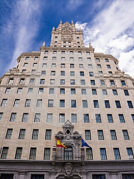 Facade of the Telefonica building along the Gran Via in Madrid