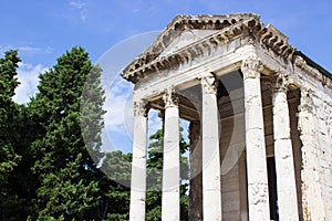 Facade of Temple of Augustus Augustov hram, a well-preserved Roman temple in Forum Square in the city of Pula, Croatia