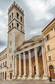 Facade of Temple of Minerva, iconic landmark in Assisi, Italy