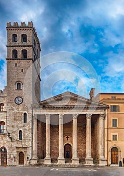 Facade of Temple of Minerva, iconic landmark in Assisi, Italy