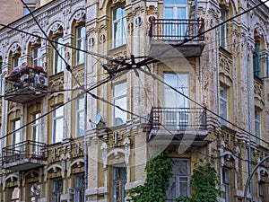 Facade of a time-worn old building in the center of the capital of Ukaine