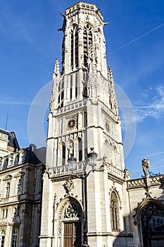 Facade and tower of the Saint-Germain-l`Auxerrois church in Paris, France