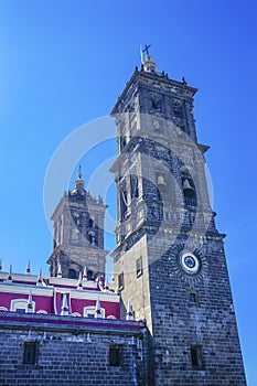 Facade Towers Outside Puebla Cathedral Mexico