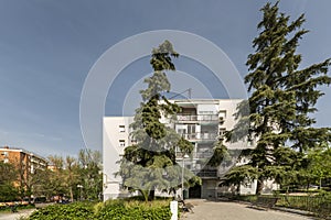 Facade of urban residential building with large trees flanking photo