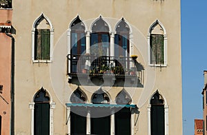 Facade Of A Venetian Building On The Canale Grande In Venice Italy On A Wonderful Spring Day