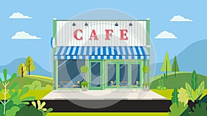 Facade vintage cafe with natural landscape.Vector illustration.Shop store with street in park