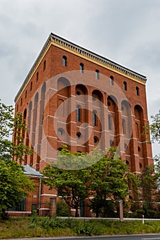 Facade of water tower red brick building
