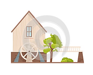 Facade of watermill with rotating wheel isolated on white background. European water mill. Farm structure for