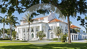 Facade of white colonial mansion in Florida