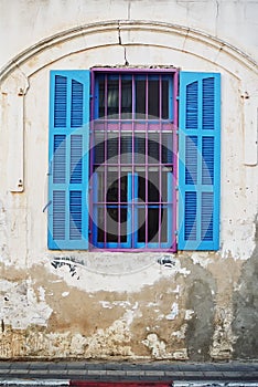 Facade and window of old house Tel Aviv Israel