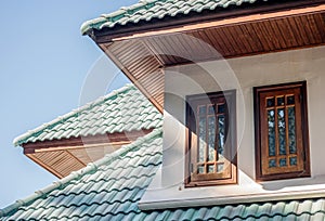 Facade and window panes of classic style house. photo