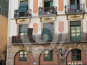 Facade with windows and balconies, historic building. Barcelona city.