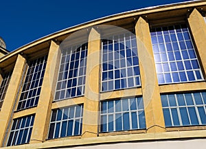 Facade with windows fragment of building in Saint-Petersburg, Russia, 1920s constructivism era