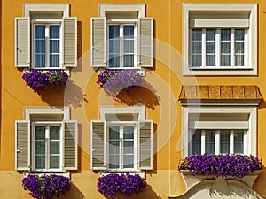 Facade of yellow building with open shutter windows and flowers