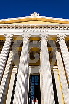 Facade of the Zappeion hall, a building in the National Gardens of Athens in Greece.