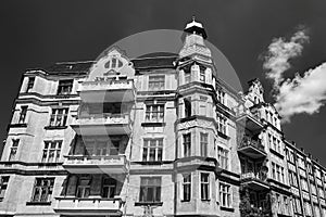 Facades with balconies of historic tenement houses in the city of Poznan