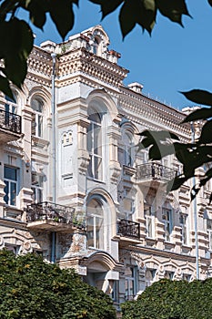 Facades of buildings of the 19th century in the yard near Academic Theater of Opera and Ballet on Volodymyrska Streets in Kyiv