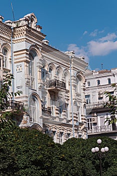 Facades of buildings of the 19th century in the yard near Academic Theater of Opera and Ballet on Volodymyrska Streets in Kyiv