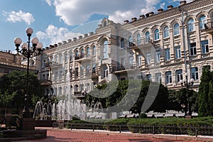 Facades of buildings of the 19th century in the yard near Academic Theater of Opera and Ballet on Volodymyrska Streets in Kyiv