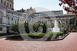 Facades of buildings of the 19th century in the yard near Academic Theater of Opera and Ballet on Volodymyrska Streets in Kyiv