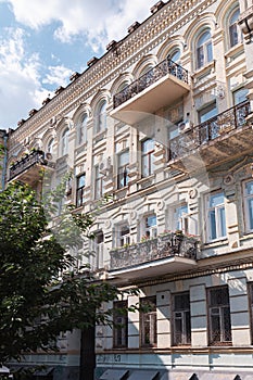 Facades of buildings of the 19th century in the yard near Academic Theater of Opera and Ballet on Volodymyrska Streets in Kyiv